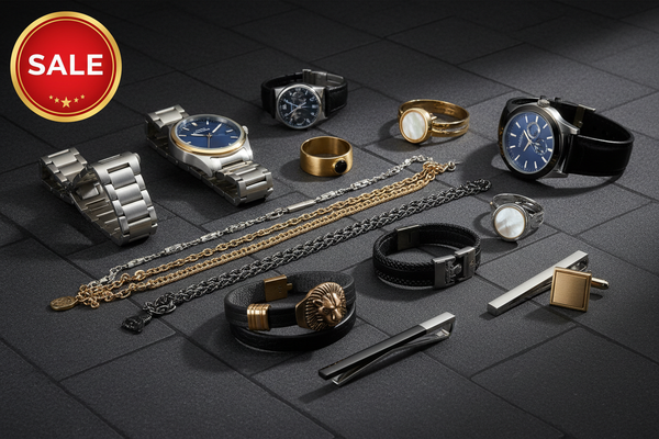 GIVE ME A PICTURE OF MENS JEWELRY AND STUFFS AND ADD SALE LOGO